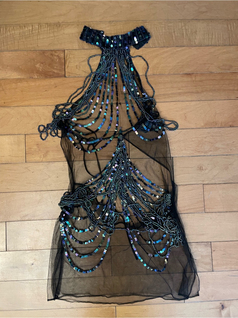 Sexy Black Sheet Beaded & Sequin Statement Dress Rave Festival Burlesque